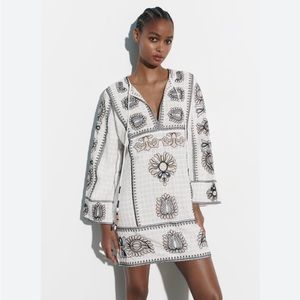 Zara embroidered white black shift dress NWT